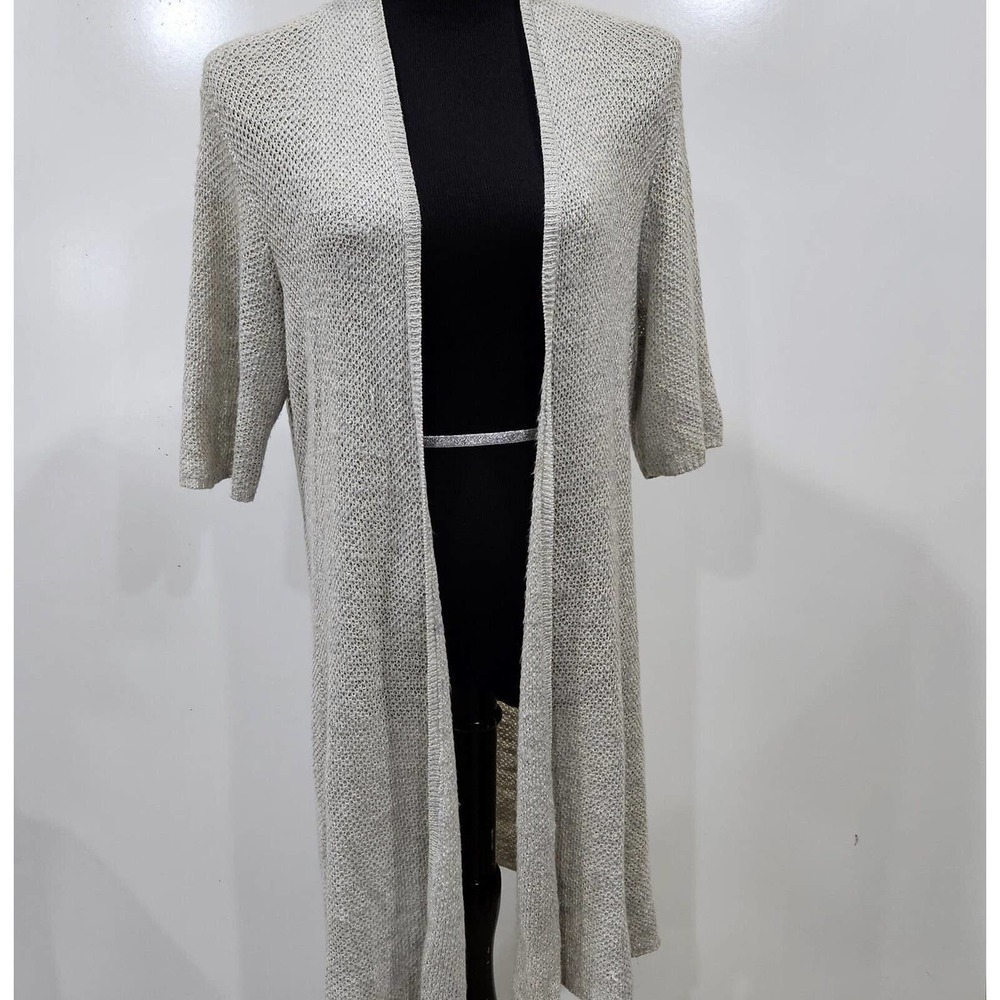 Eileen Fisher Grey Cream Linen Blend Cardigan Marled Long Knit Sweater Size L